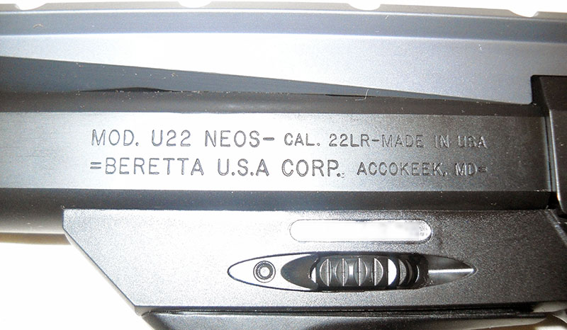 Beretta U22 Neos markings, left side: MOD. U22 NEOS - CAL. 22LR - MADE IN USA  =BERETTA U.S.A. CORP. ACCOKEEK, MD=